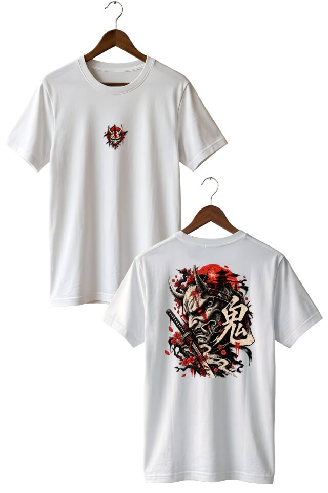 Japonese Oni Mask Baskılı Oversize Unisex T-Shirt – Samurai Streetwear Grafik Tişört