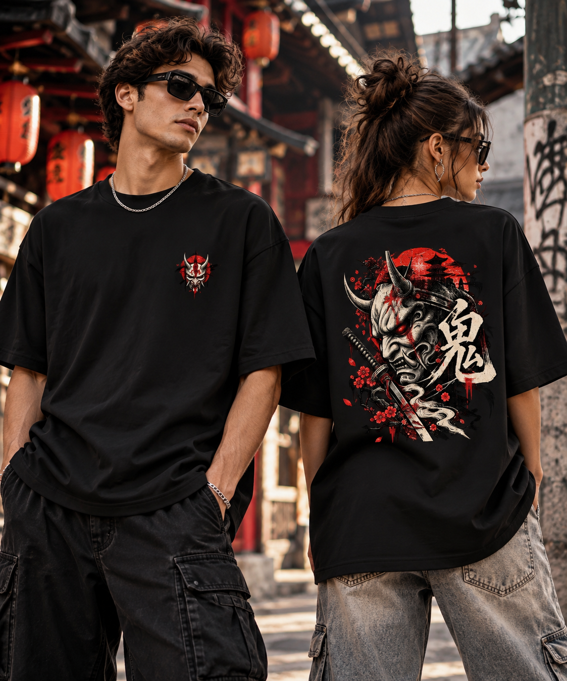 Japonese Oni Mask Baskılı Oversize Unisex T-Shirt – Samurai Streetwear Grafik Tişört