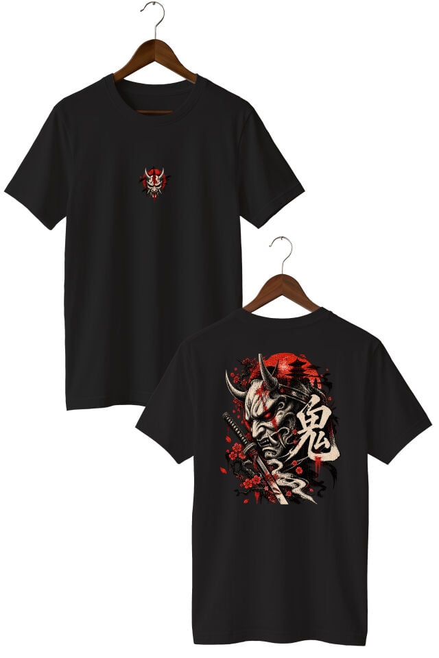 Japonese Oni Mask Baskılı Oversize Unisex T-Shirt – Samurai Streetwear Grafik Tişört