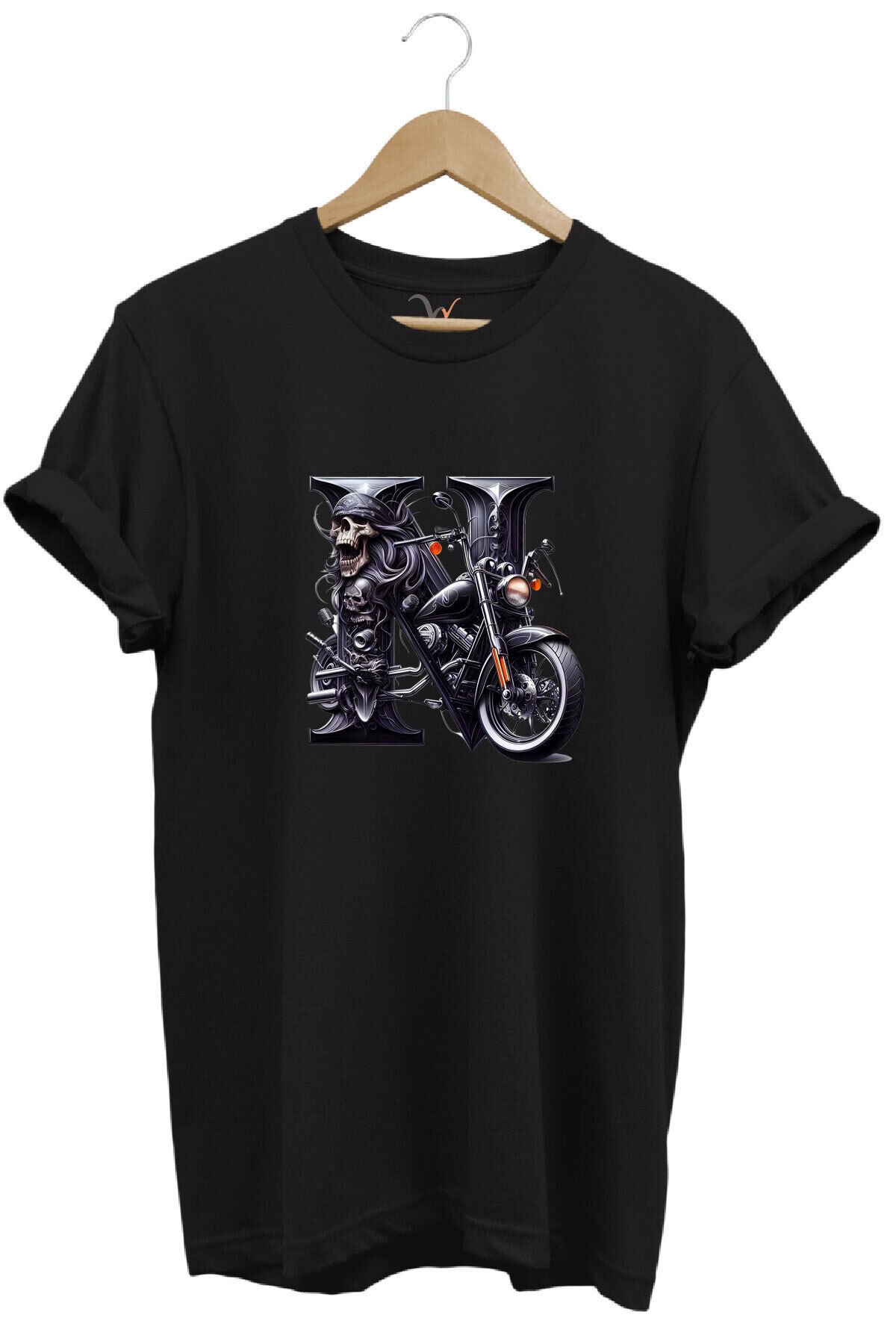 N Harfi Baskılı Motosiklet Kuru Kafa %100 Pamuk Regular Fit Bisiklet Yaka Beyaz T-shirt Siyah - L