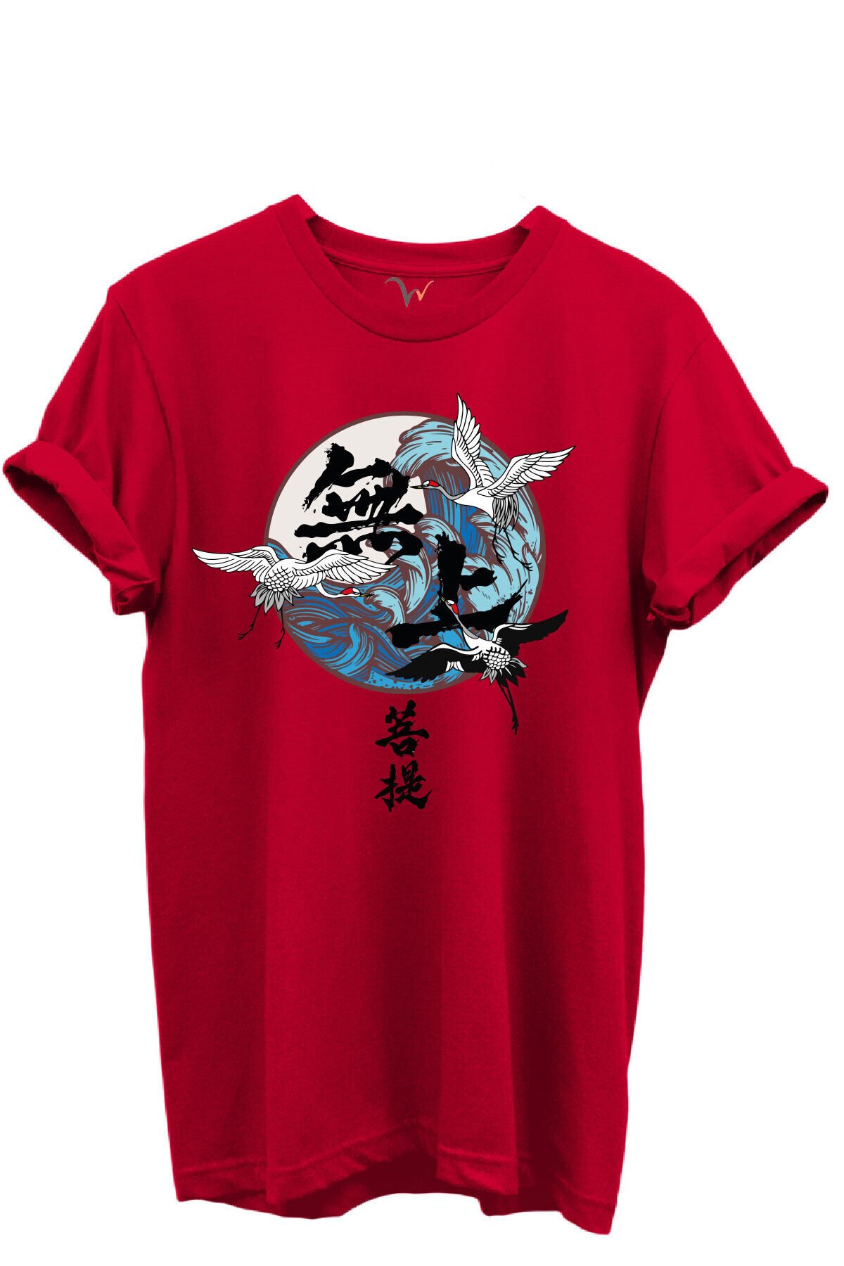 Japon Sanatı Stilinde Turna Kuşları ve Dalga Desenli %100 Pamuk Regular Fit Unisex T-Shirt Kırmızı - 2XL