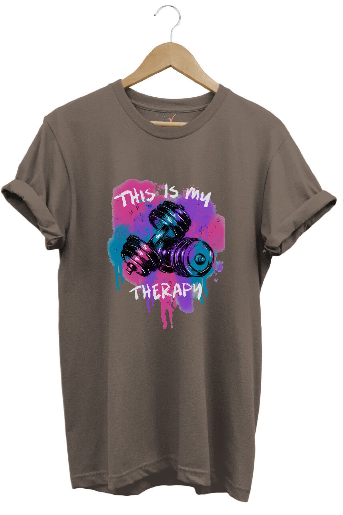 This is my therapy Gym Sporcu Fitness Dambıl Baskılı %100 Pamuk Regular Fit Bisiklet Yaka T-shirt Kahverengi - S