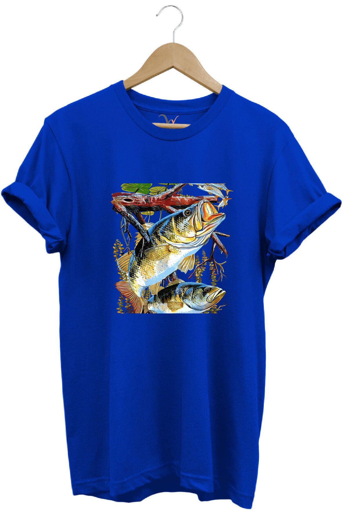 Balıkçılık Avcılık Olta ile Balık Tutmak Sazlık Alabalık Levrek Baskılı Pamuk Regular Fit T-Shirt Saks Mavi - 3XL