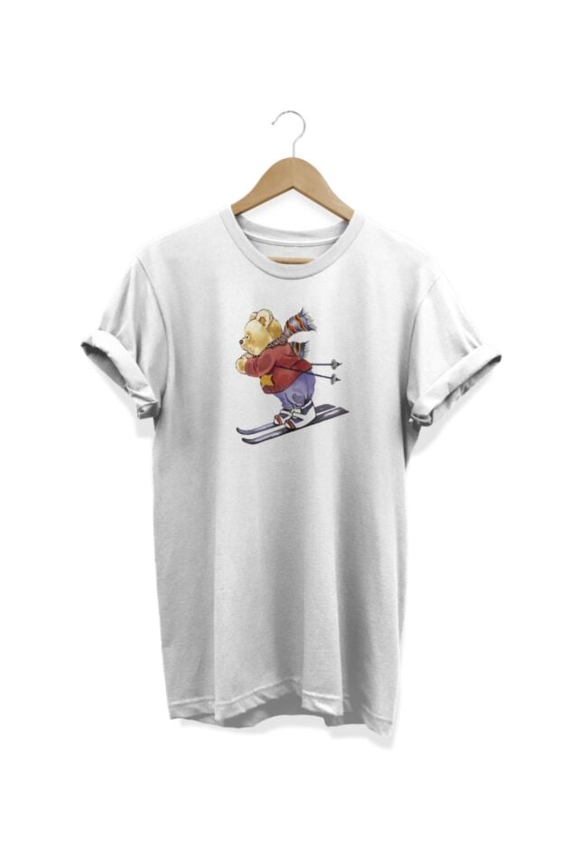 Kayaklı Ayıcık Baskılı Beyaz T-shirt
