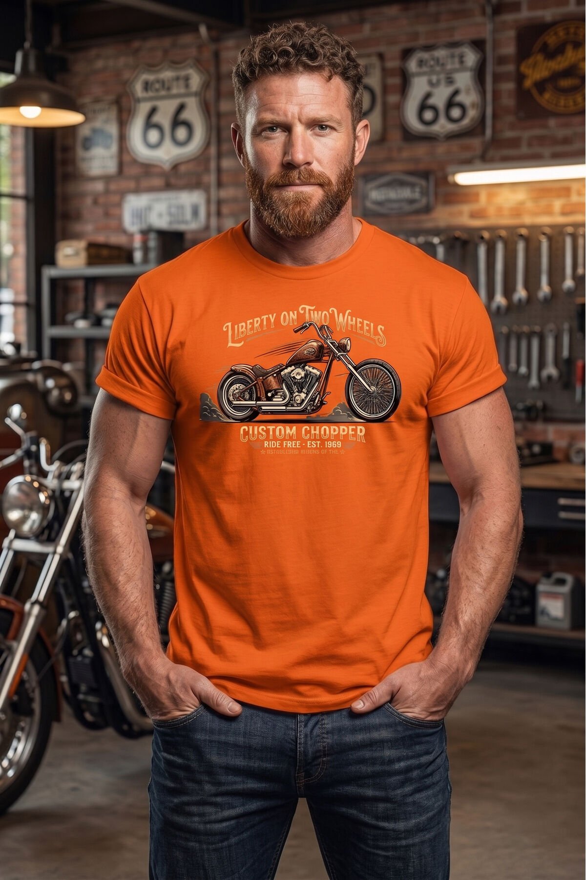 Retro Motosiklet İllüstrasyon Baskılı Pamuklu Unisex Tişört T-shirt Turuncu - XL
