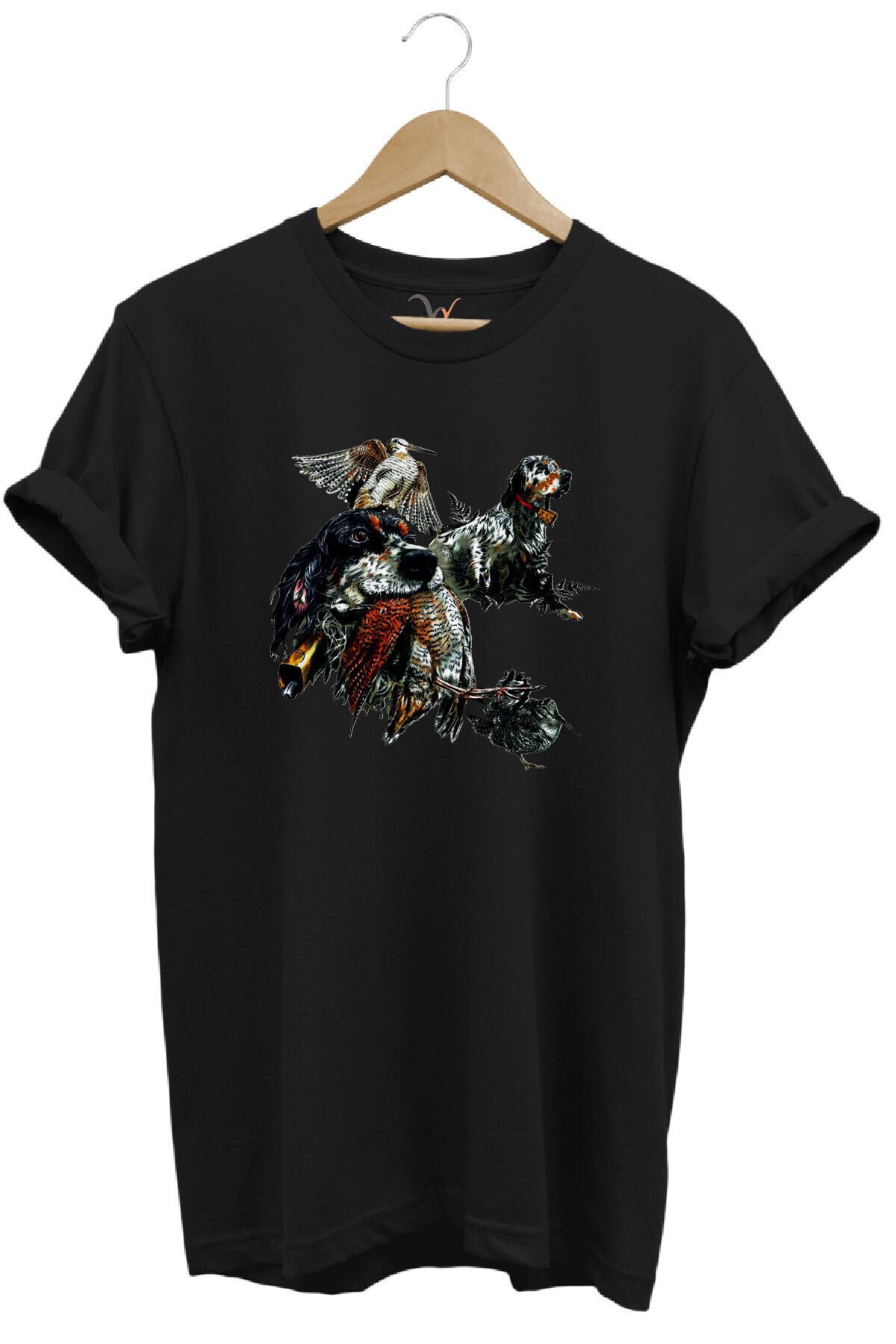 Avcılık Temalı English Setter ve Kuş Baskılı %100 Pamuk Unisex Regular Fit T-Shirt Siyah - 3XL