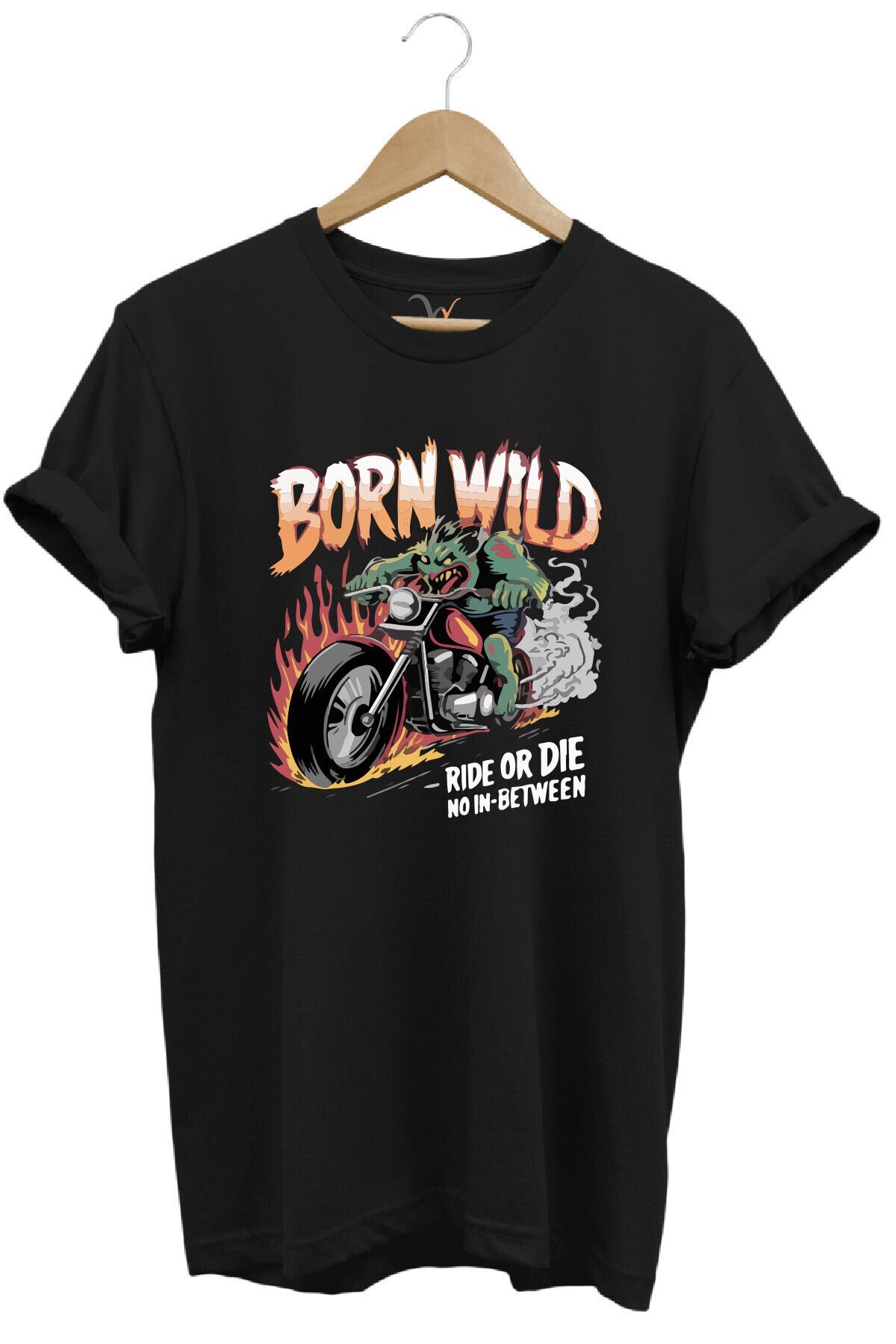 Motorsiklet Born Wild Ride or Die Baskılı Kuru Kafa %100 Pamuk Regular Fit Bisiklet Yaka T-Shirt Siyah - 5XL