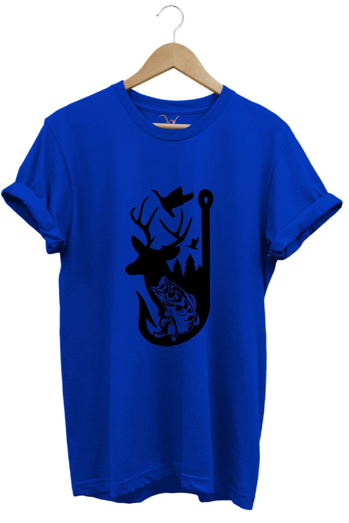 Avcılık Hunter Outdoor Geyik Balık Çulluk Baskılı %100 Pamuk Regular Fit Kırmızı T-shirt Saks Mavi - 2XL