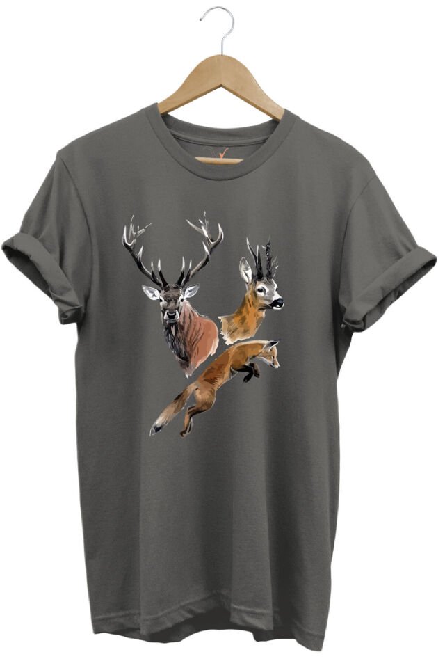 Avcılık Hunter Geyik ve Tilki Baskılı %100 Pamuk Regular Fit Tişört Antrasit Gri - 3XL