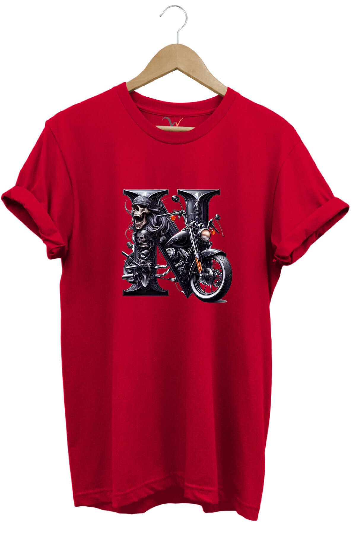 N Harfi Baskılı Motosiklet Kuru Kafa %100 Pamuk Regular Fit Bisiklet Yaka Beyaz T-shirt Kırmızı - S