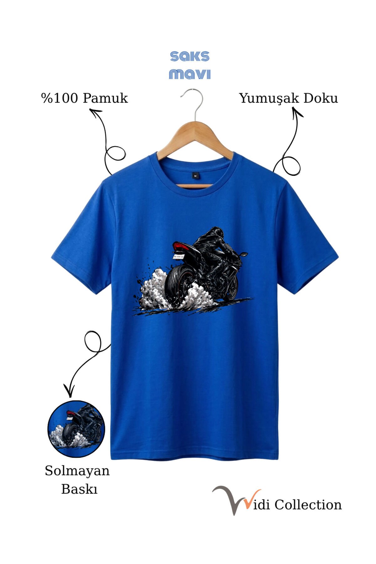 Motor Lastik Duman Efektli %100 Pamuk Regular Fit Unisex T-Shirt Mavi - M
