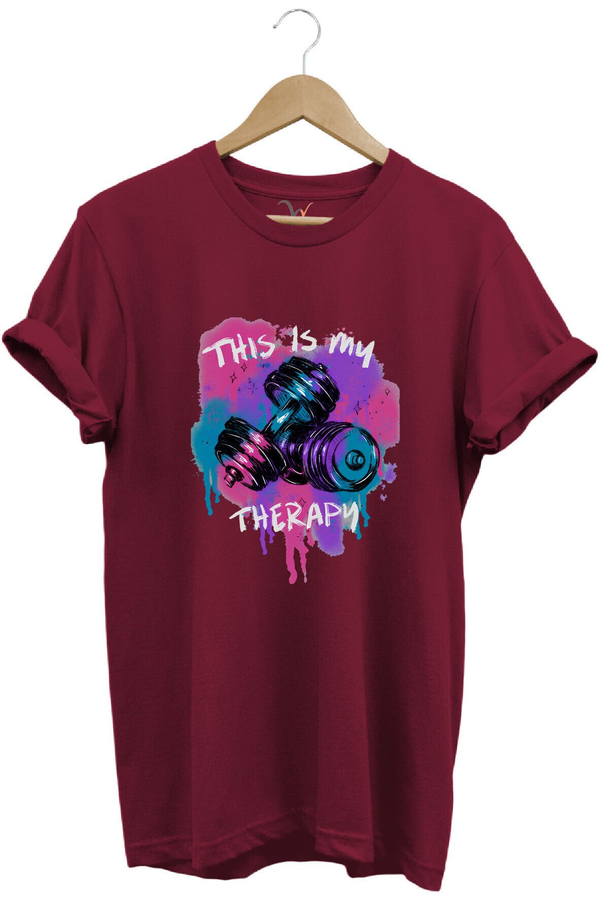 This is my therapy Gym Sporcu Fitness Dambıl Baskılı %100 Pamuk Regular Fit Bisiklet Yaka T-shirt Bordo - L