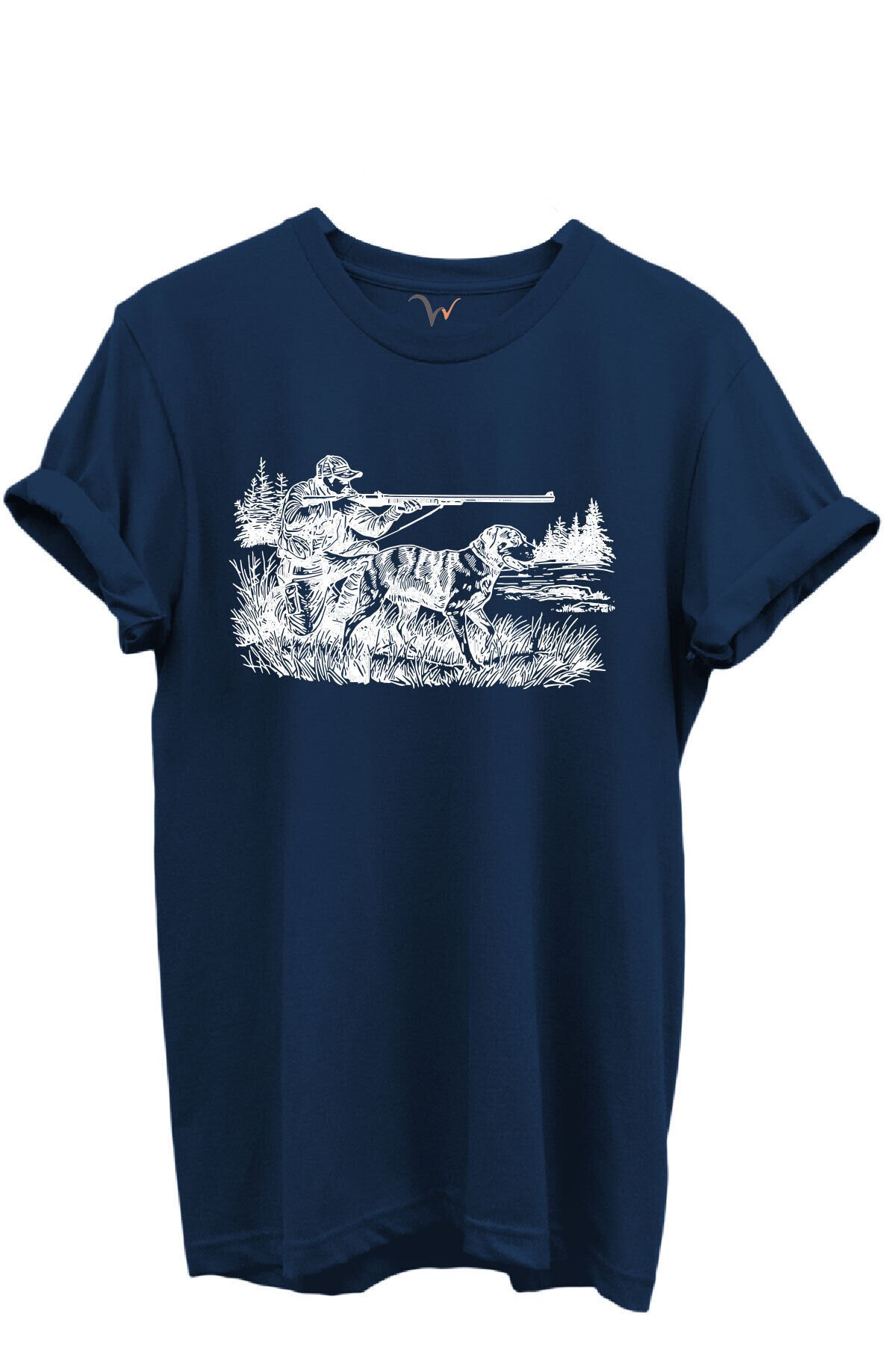 Avcı ve Av Köpeği Av Sahnesi Çizim Baskılı %100 Pamuk Regular Fit Bisiklet Yaka Unisex T-shirt Lacivert - L