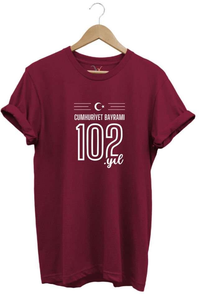 102. Yıl 29 Ekim Cumhuriyet Bayramı Baskılı Ay Yıldız %100 Pamuk Regular Fit Unisex T-Shirt Bordo - 3XL