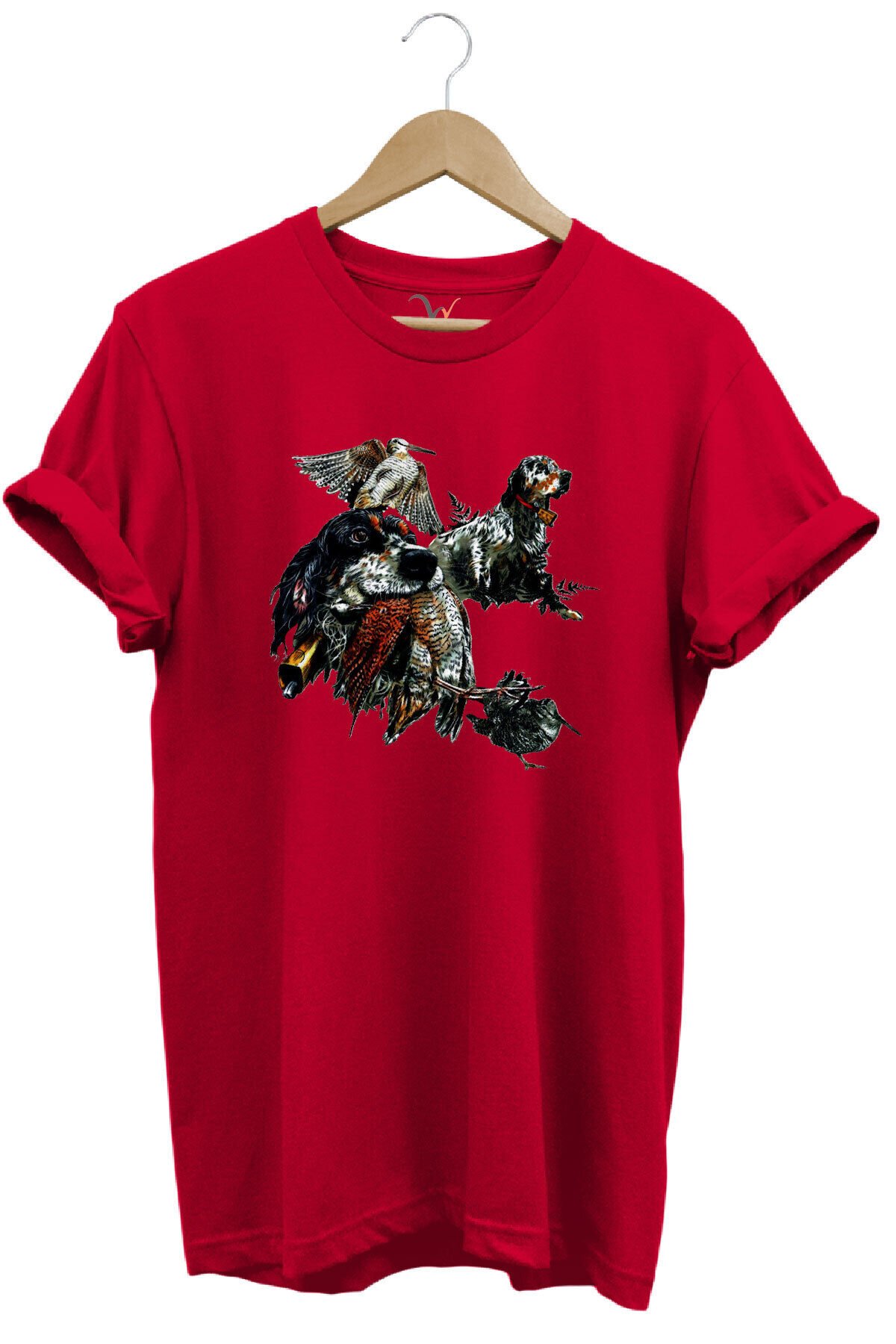 Avcılık Temalı English Setter ve Kuş Baskılı %100 Pamuk Unisex Regular Fit T-Shirt Kırmızı - 3XL