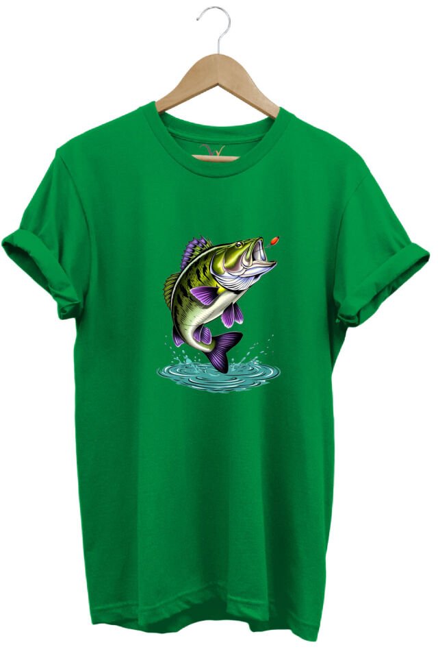 Fishing Balıkçılık Levrek Balığı Baskılı Avcı %100 Pamuk Regular Fit Unisex T-Shirt Yeşil - 3XL
