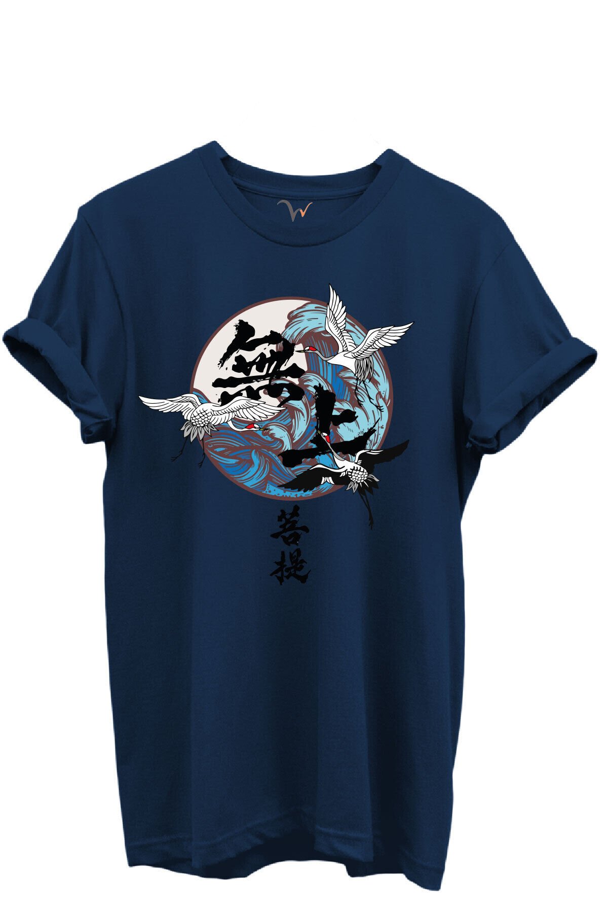 Japon Sanatı Stilinde Turna Kuşları ve Dalga Desenli %100 Pamuk Regular Fit Unisex T-Shirt Lacivert - L