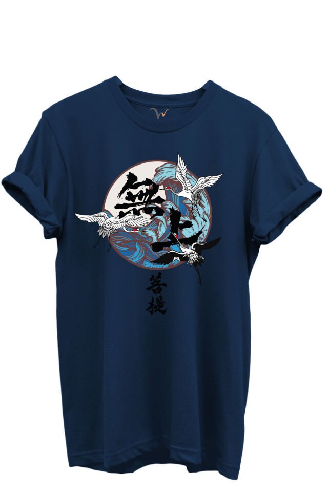 Japon Sanatı Stilinde Turna Kuşları ve Dalga Desenli %100 Pamuk Regular Fit Unisex T-Shirt Lacivert - L