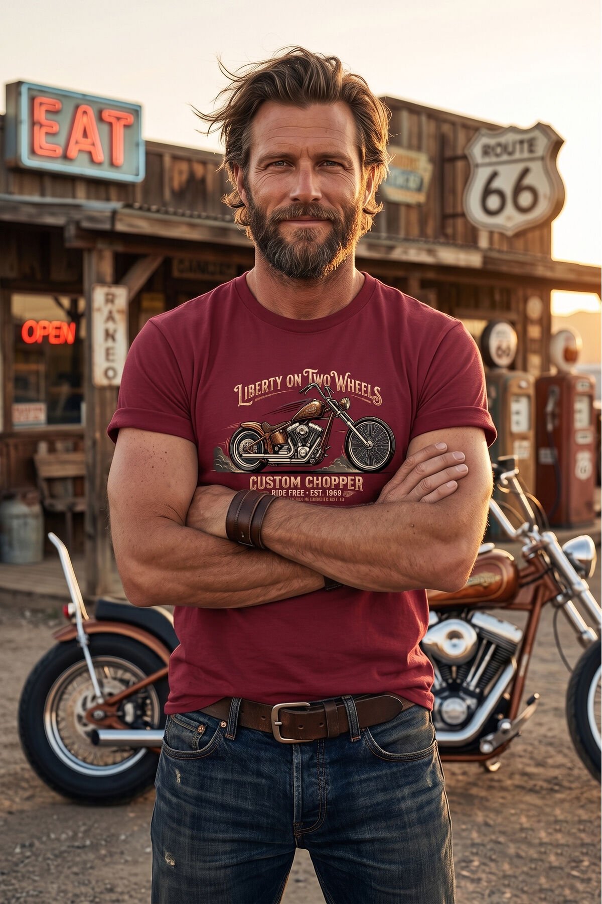 Retro Motosiklet İllüstrasyon Baskılı Pamuklu Unisex Tişört T-shirt Bordo - 2XL
