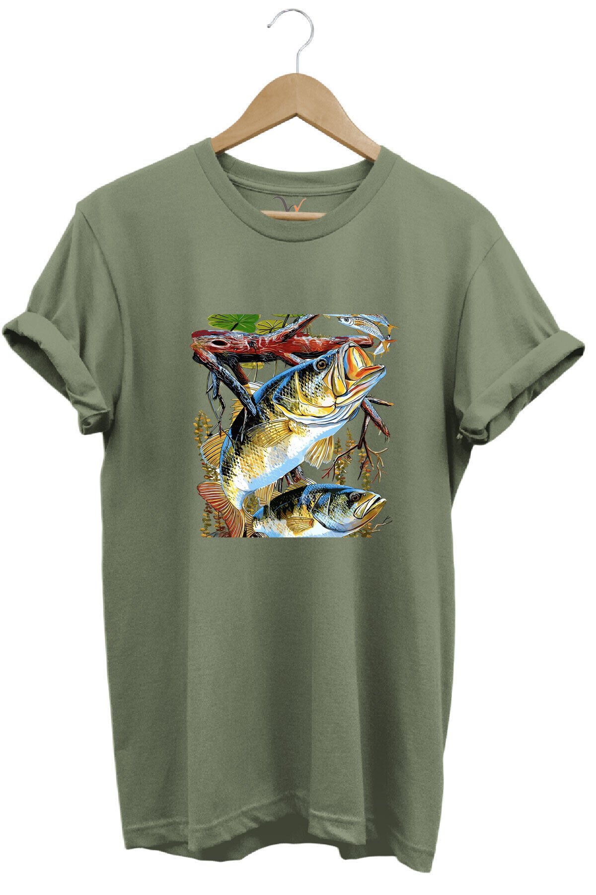 Balıkçılık Avcılık Olta ile Balık Tutmak Sazlık Alabalık Levrek Baskılı Pamuk Regular Fit T-Shirt Haki Yeşil - 3XL