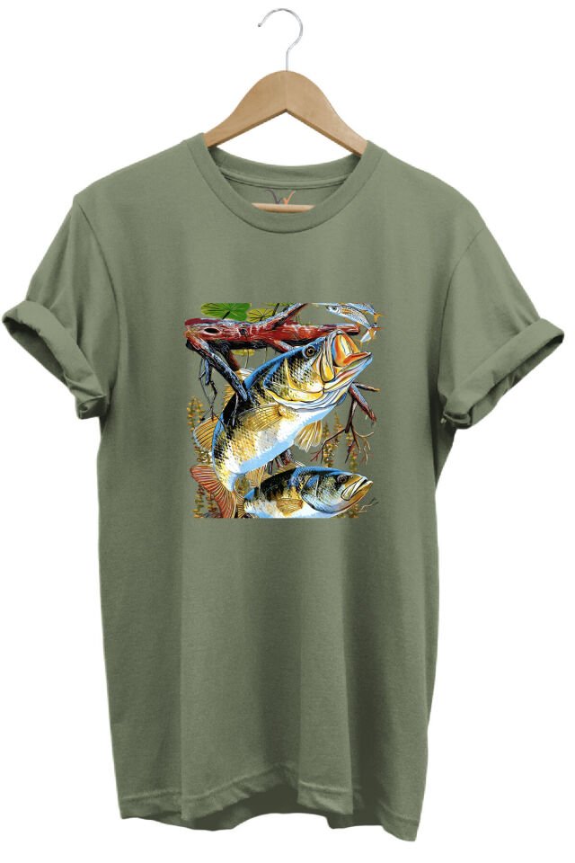 Balıkçılık Avcılık Olta ile Balık Tutmak Sazlık Alabalık Levrek Baskılı Pamuk Regular Fit T-Shirt Haki Yeşil - 3XL