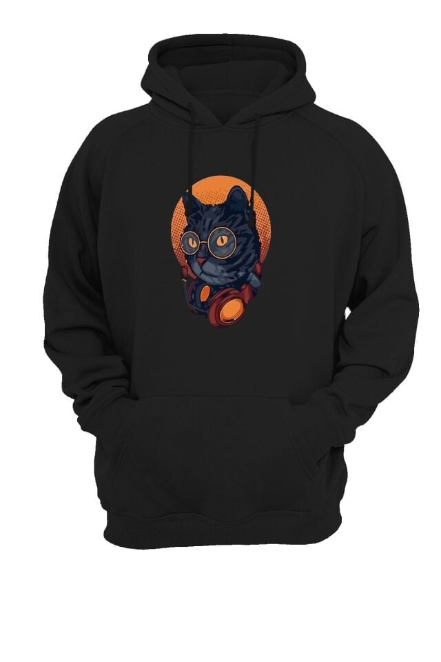 Kedi Baskılı Siyah Sweatshirt Unisex