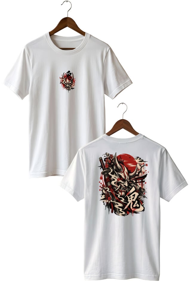 Japon Oni Mask Baskılı Oversize Unisex T-Shirt – Samurai Streetwear Grafik Tişört