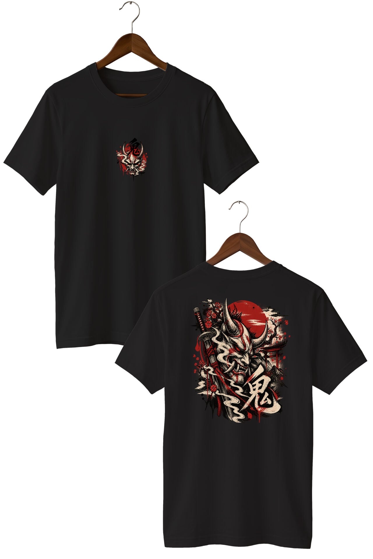Japon Oni Mask Baskılı Oversize Unisex T-Shirt – Samurai Streetwear Grafik Tişört