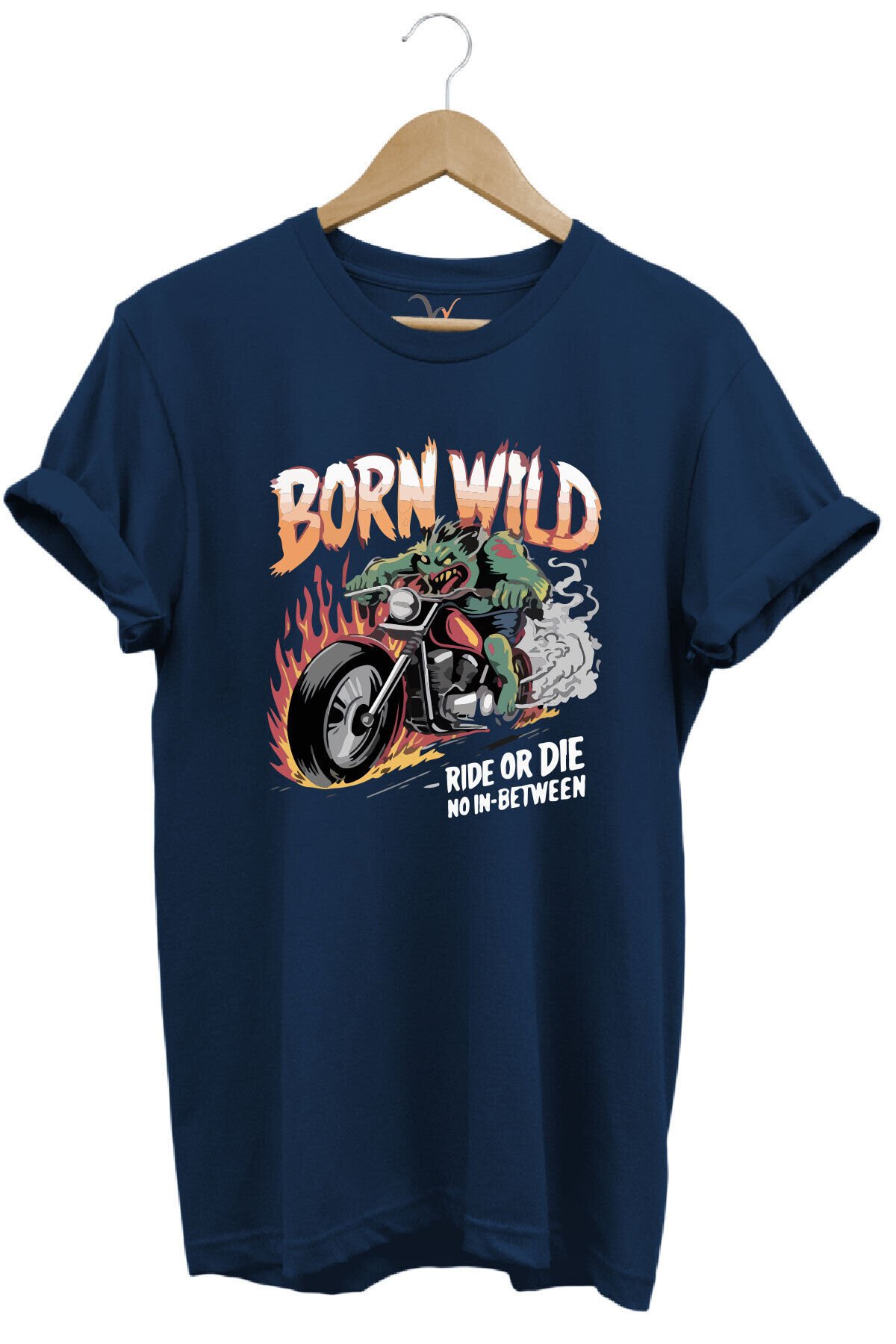 Motorsiklet Born Wild Ride or Die Baskılı Kuru Kafa %100 Pamuk Regular Fit Bisiklet Yaka T-Shirt Lacivert - 4XL