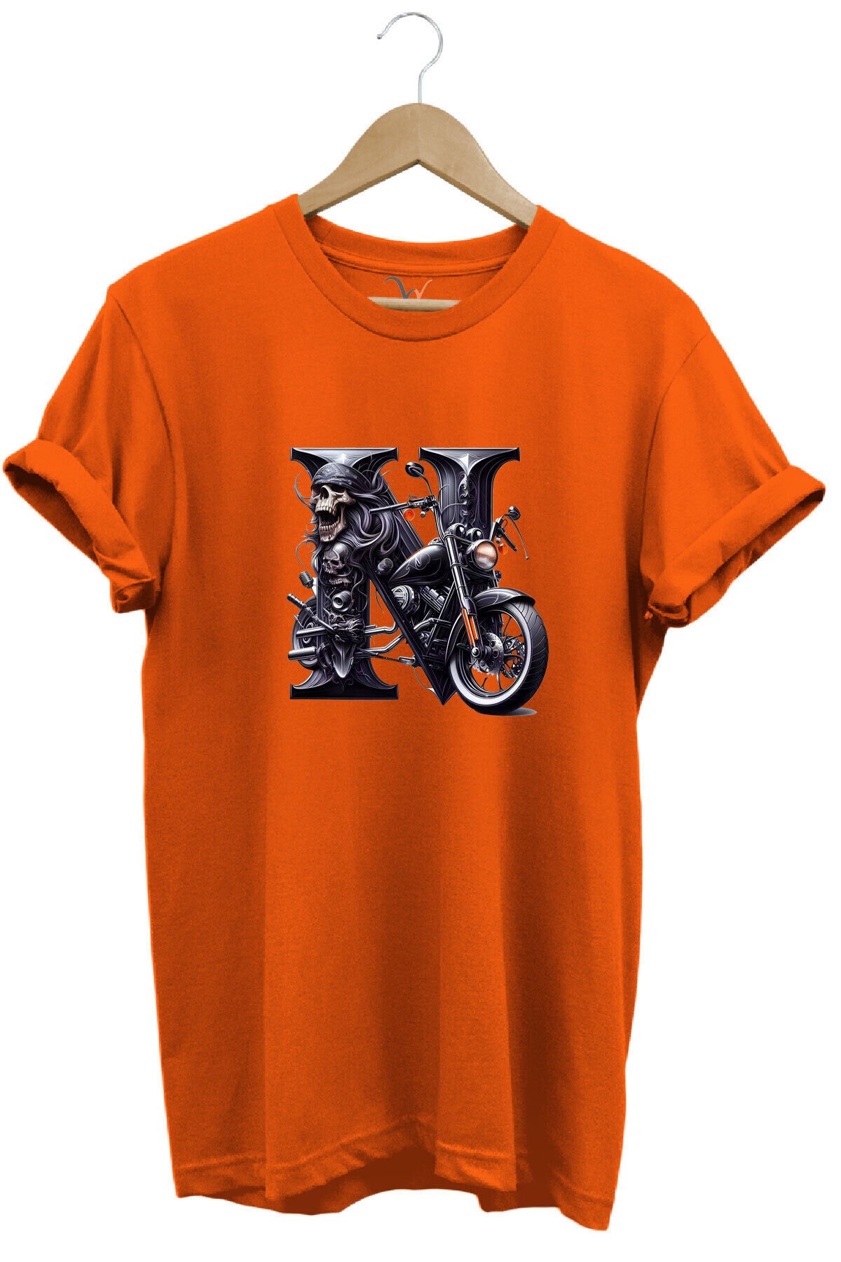 N Harfi Baskılı Motosiklet Kuru Kafa %100 Pamuk Regular Fit Bisiklet Yaka Beyaz T-shirt Turuncu - 2XL