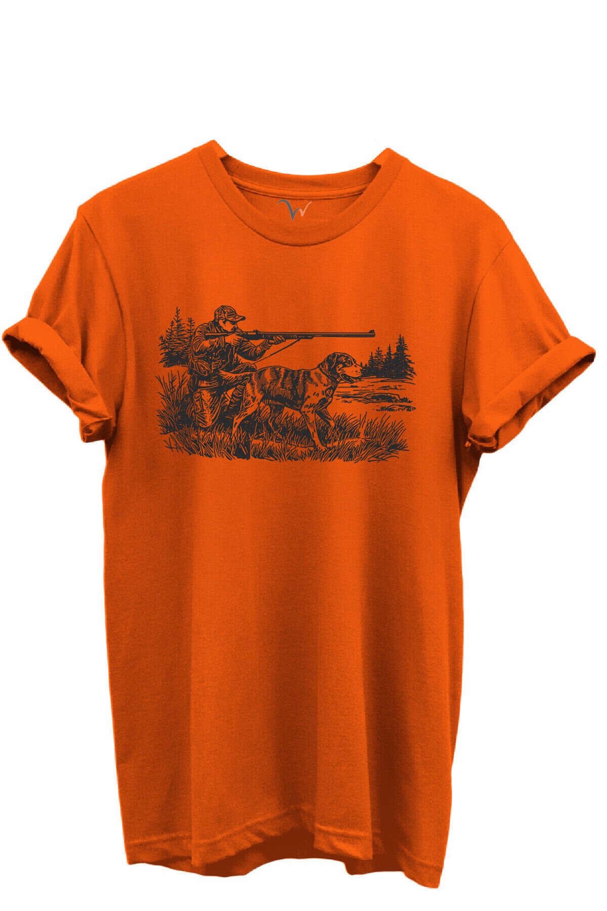 Avcı ve Av Köpeği Av Sahnesi Çizim Baskılı %100 Pamuk Regular Fit Bisiklet Yaka Unisex T-shirt Turuncu - 3XL