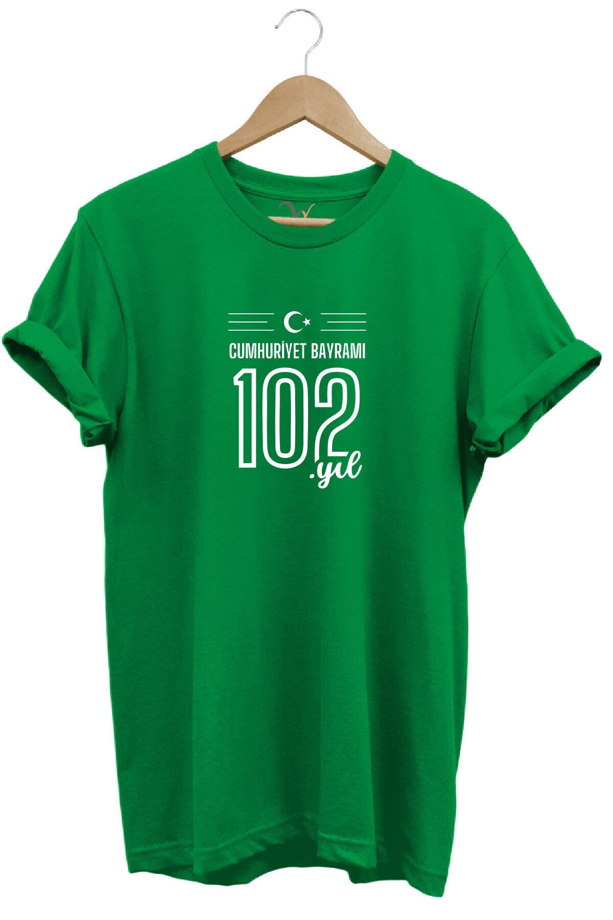 102. Yıl 29 Ekim Cumhuriyet Bayramı Baskılı Ay Yıldız %100 Pamuk Regular Fit Unisex T-Shirt Yeşil - L