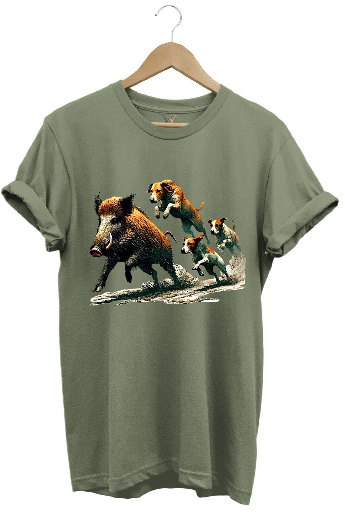 Avcılık Hunter Domuz Avı Ve Av Köpekleri Baskılı Regular Fit %100 Pamuk Gri T-shirt Haki - S