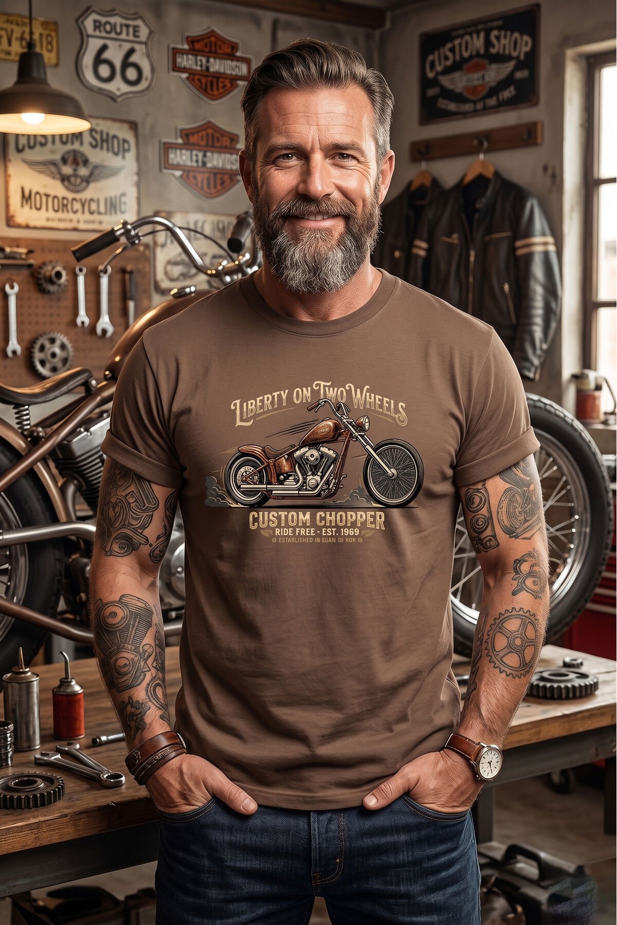 Retro Motosiklet İllüstrasyon Baskılı Pamuklu Unisex Tişört T-shirt Kumul Kahve - M