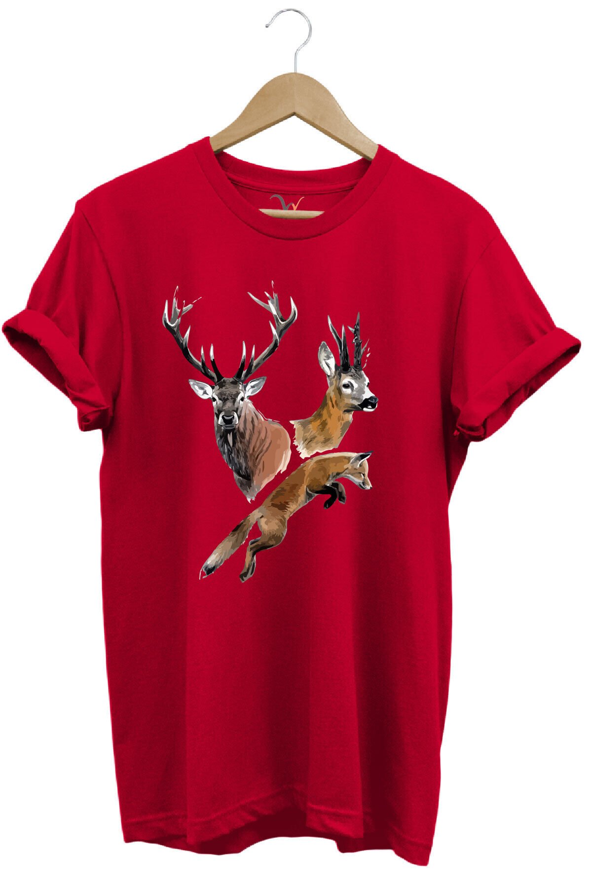 Avcılık Hunter Geyik ve Tilki Baskılı %100 Pamuk Regular Fit Tişört Kırmızı - 3XL