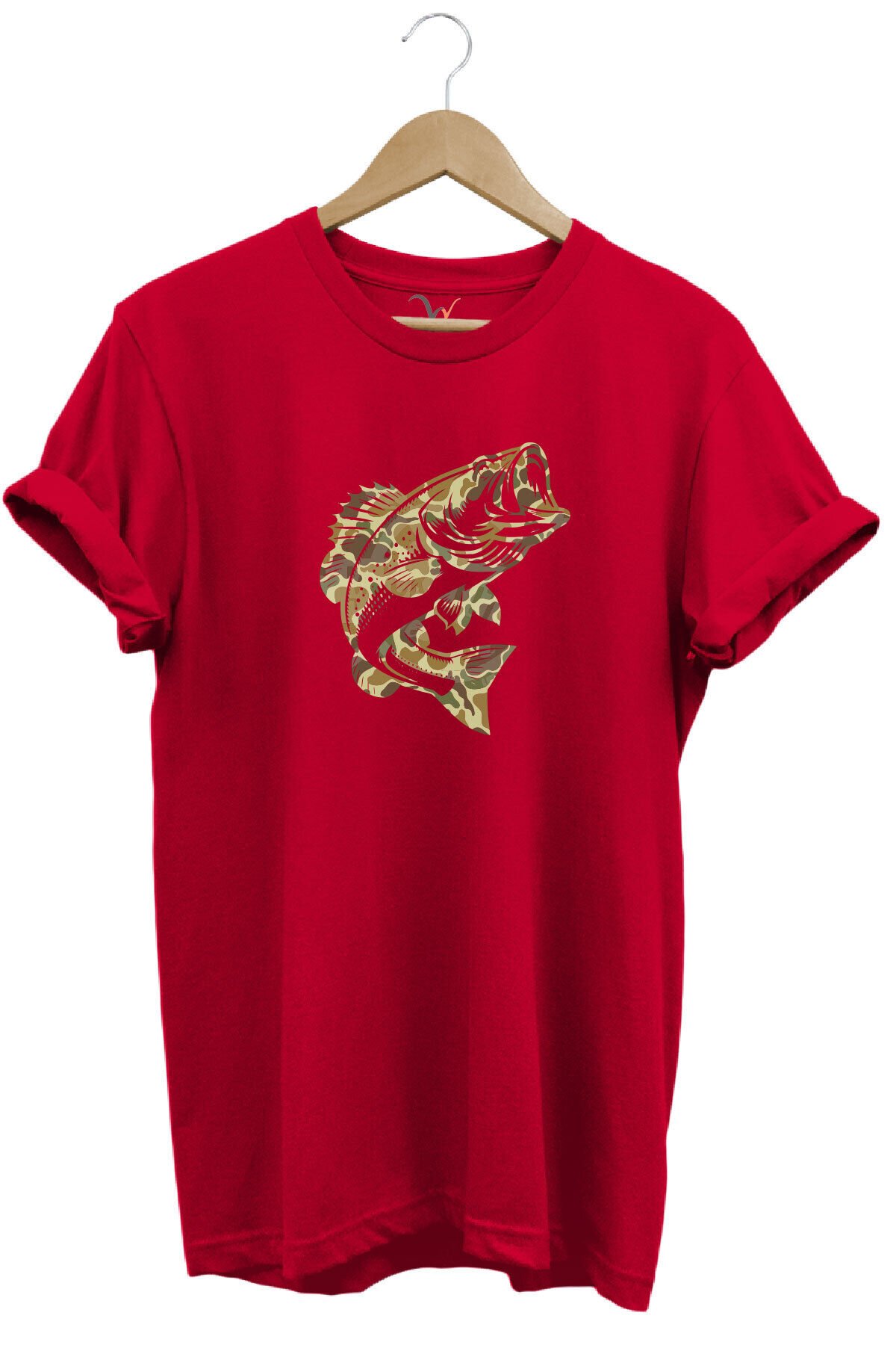 Fishing Balık Avı Kamuflaj Desenli Balık Baskılı %100 Pamuk Regular Fit Kırmızı T-shirt Kırmızı - M