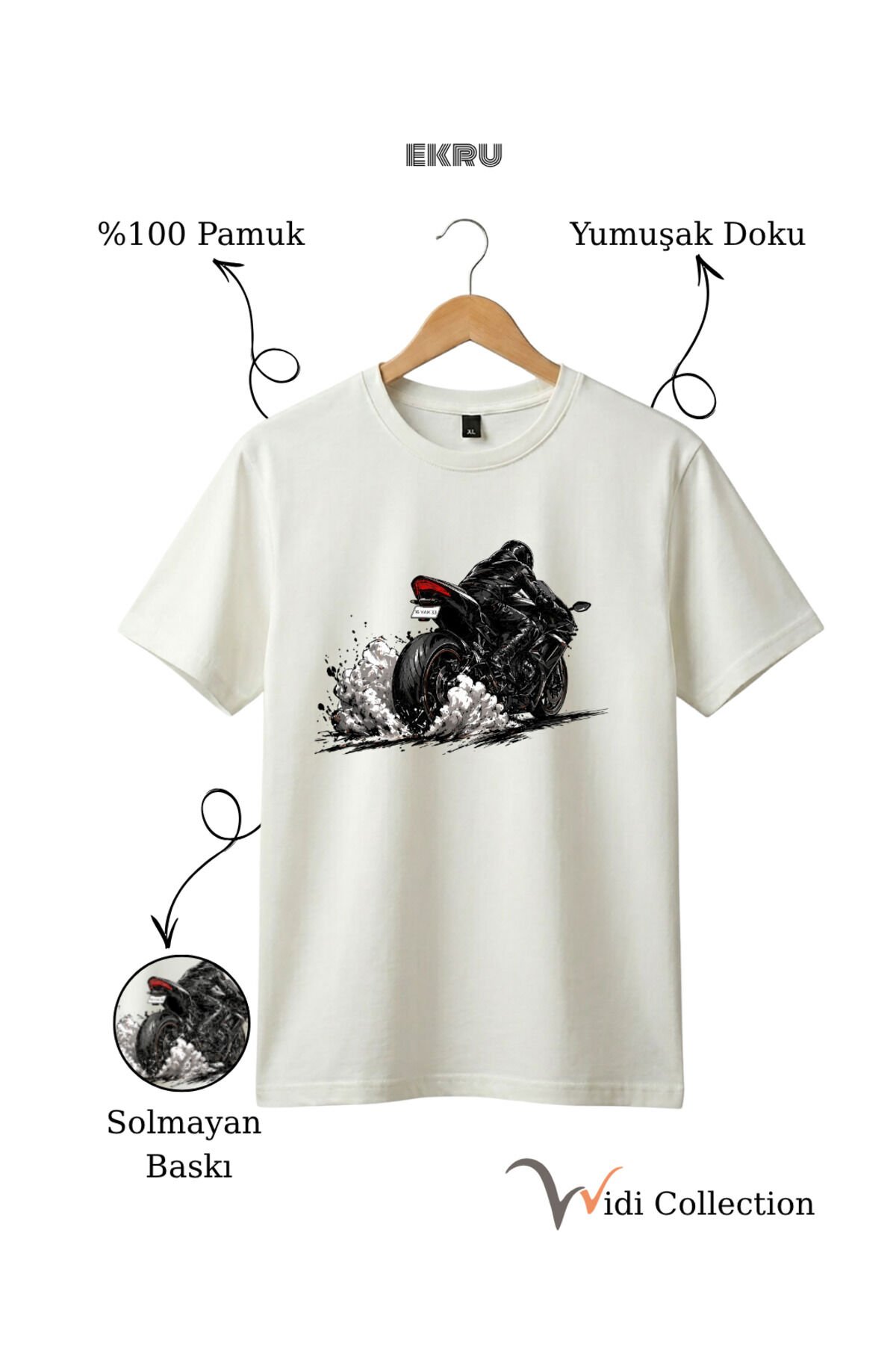 Motor Lastik Duman Efektli %100 Pamuk Regular Fit Unisex T-Shirt Ekru - S