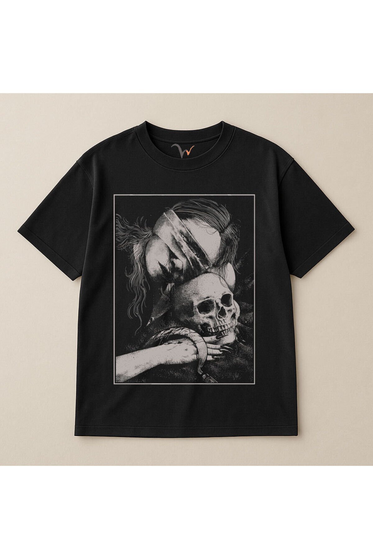 Gotik Sanat Kör Adalet ve Kafatası Tasarımlı %100 Pamuk Oversize Bisiklet Yaka Unisex T-Shirt Siyah - L