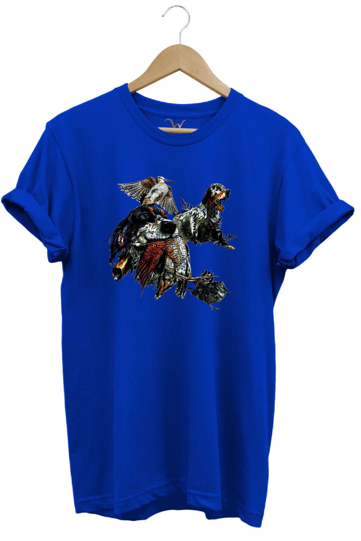 Avcılık Temalı English Setter ve Kuş Baskılı %100 Pamuk Unisex Regular Fit T-Shirt Mavi - M