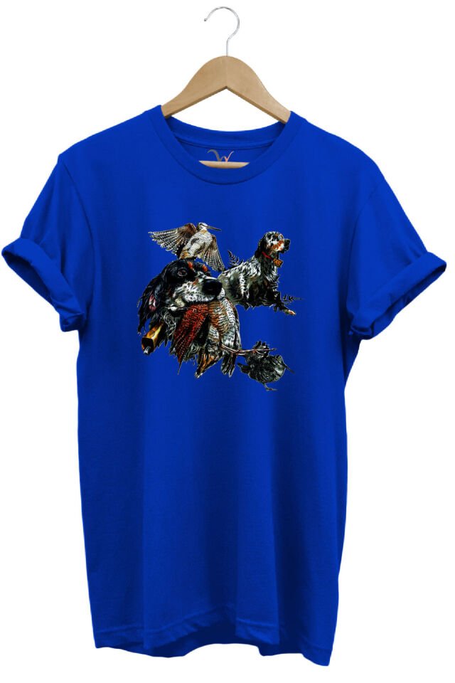 Avcılık Temalı English Setter ve Kuş Baskılı %100 Pamuk Unisex Regular Fit T-Shirt Mavi - M