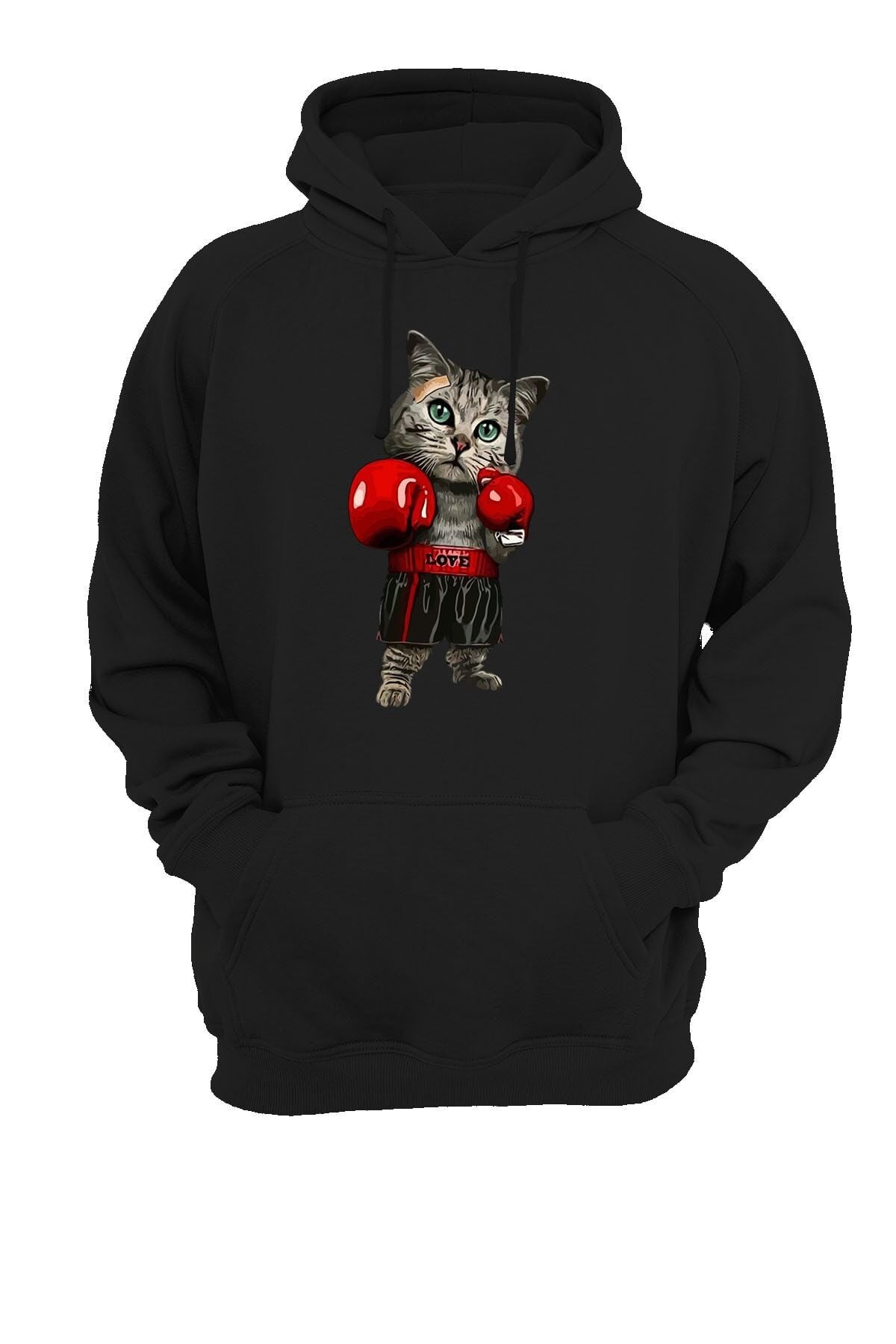 Boksör Kedi Baskılı Siyah Sweatshirt