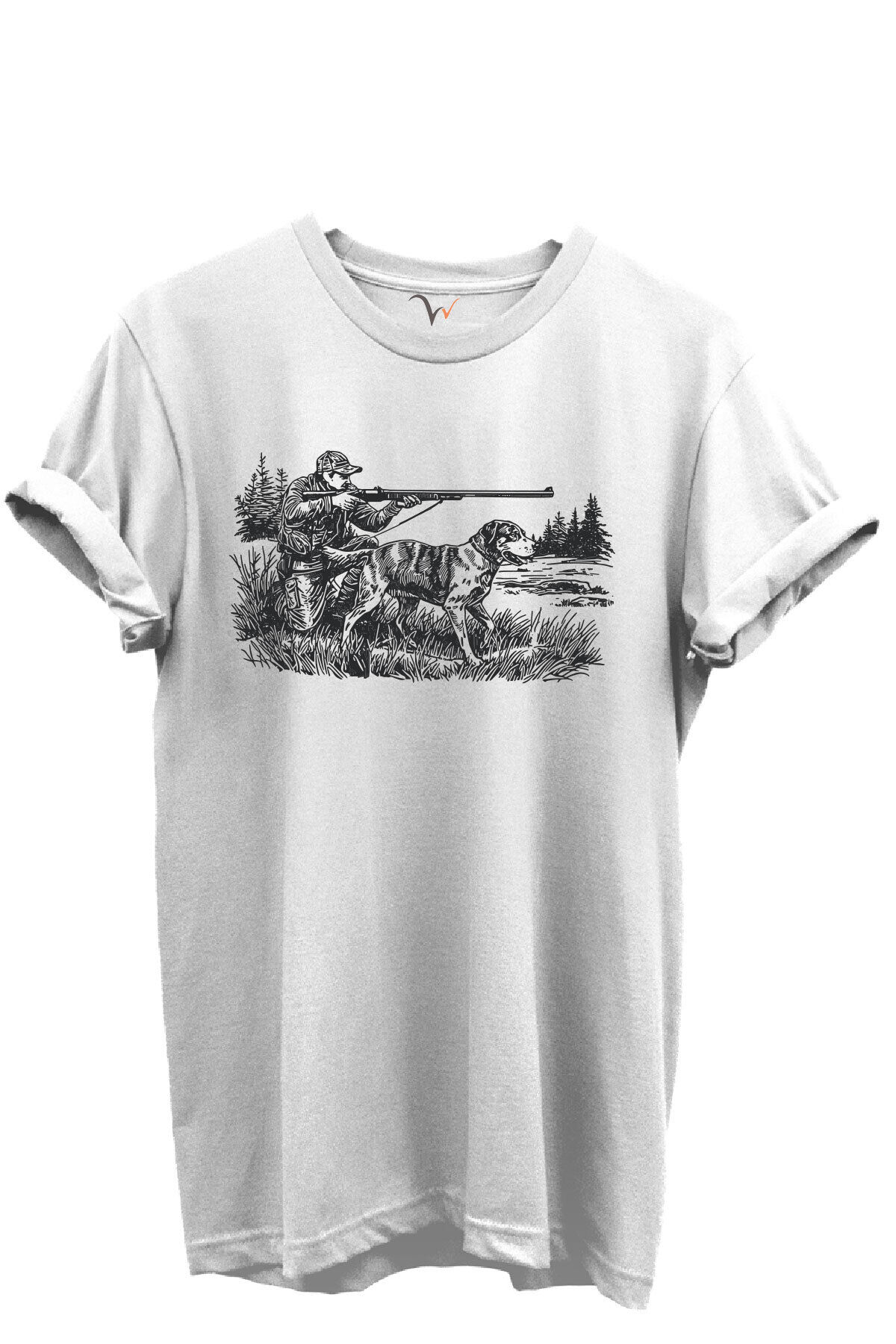 Avcı ve Av Köpeği Av Sahnesi Çizim Baskılı %100 Pamuk Regular Fit Bisiklet Yaka Unisex T-shirt Beyaz - M