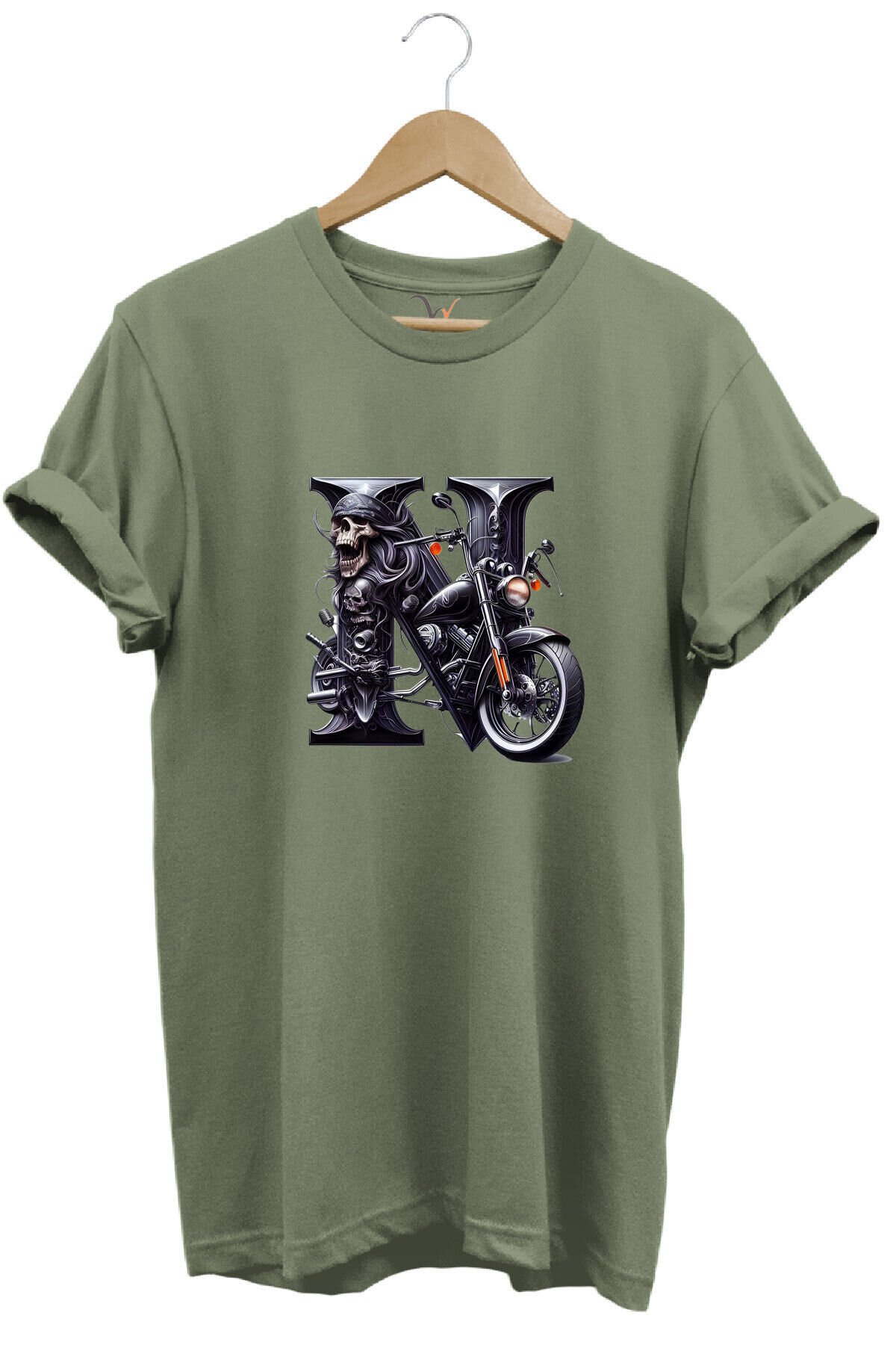 N Harfi Baskılı Motosiklet Kuru Kafa %100 Pamuk Regular Fit Bisiklet Yaka Beyaz T-shirt Haki - 3XL