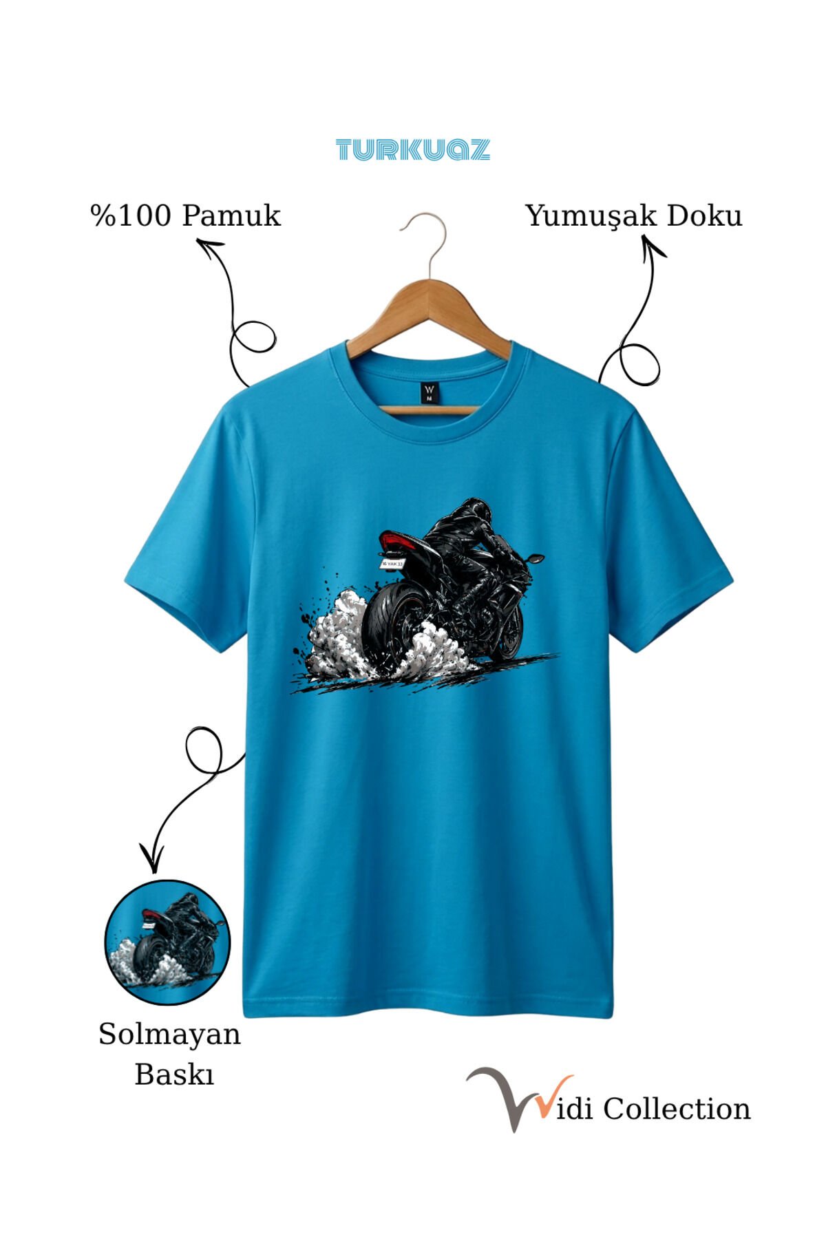 Motor Lastik Duman Efektli %100 Pamuk Regular Fit Unisex T-Shirt Turkuaz - M