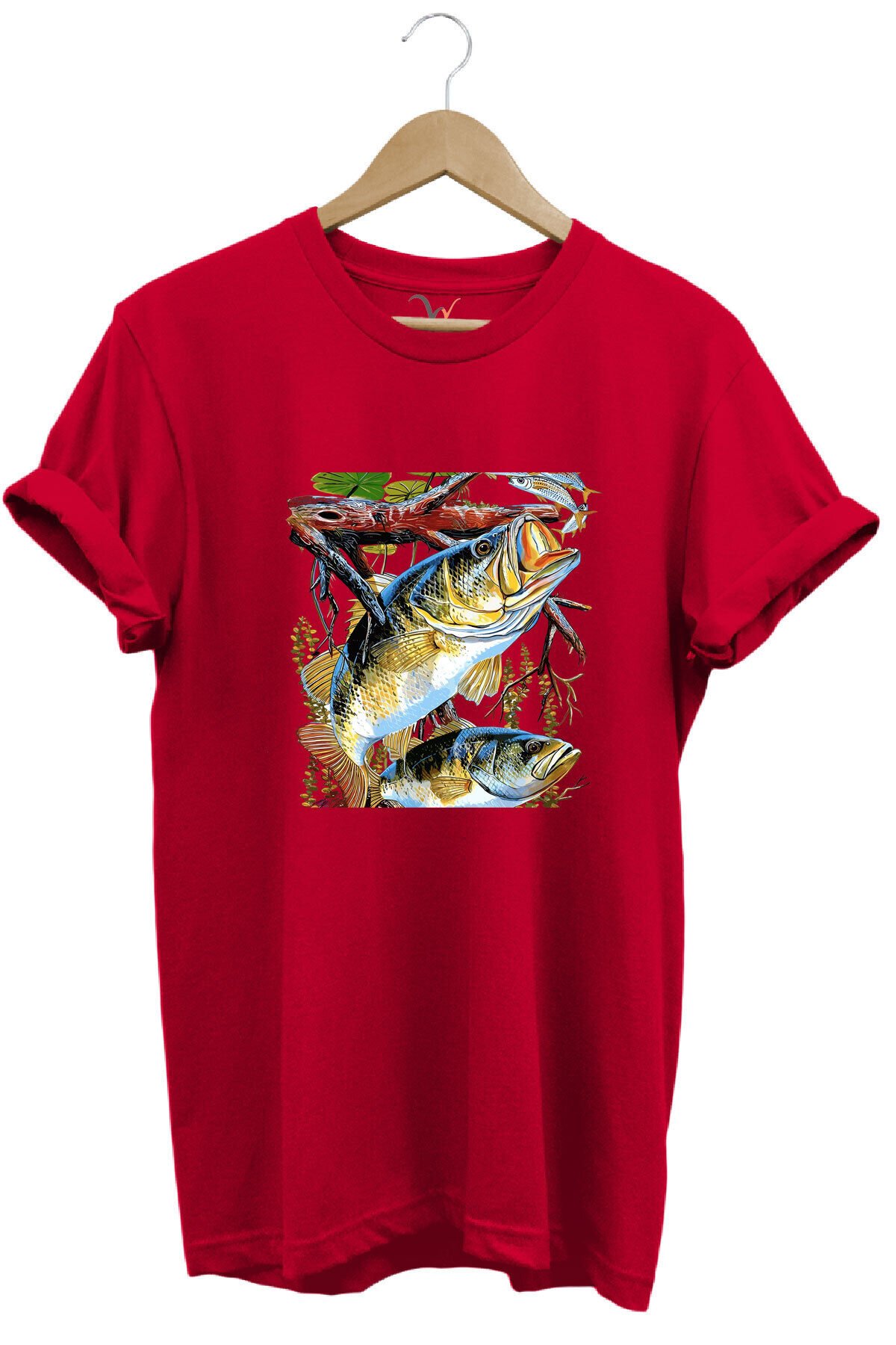 Balıkçılık Avcılık Olta ile Balık Tutmak Sazlık Alabalık Levrek Baskılı Pamuk Regular Fit T-Shirt Kırmızı - XL