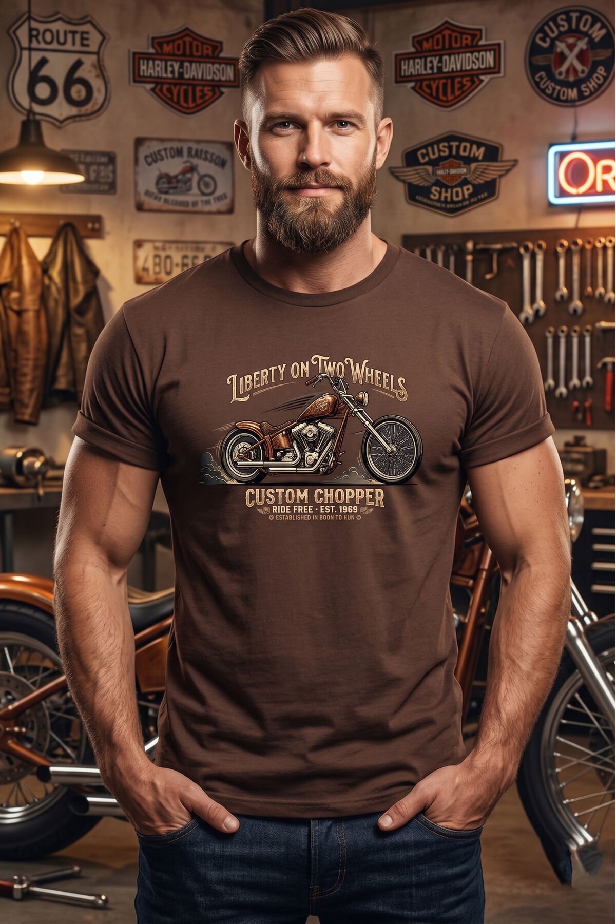 Retro Motosiklet İllüstrasyon Baskılı Pamuklu Unisex Tişört T-shirt Kahverengi - S