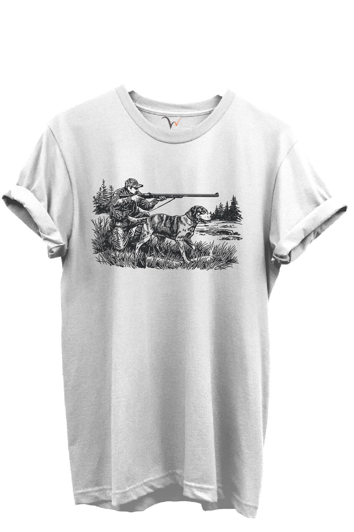 Avcı ve Av Köpeği Av Sahnesi Çizim Baskılı %100 Pamuk Regular Fit Bisiklet Yaka Unisex T-shirt Beyaz - S