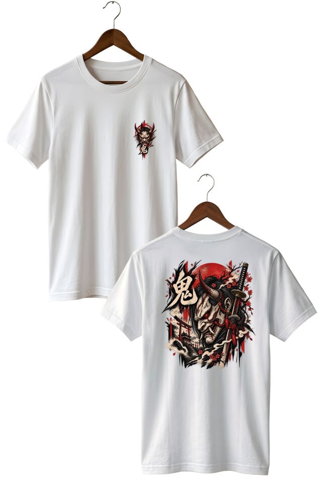 Japon Oni Maske Sırt Baskılı Oversize Unisex T-Shirt – Samurai Streetwear Grafik Tişört