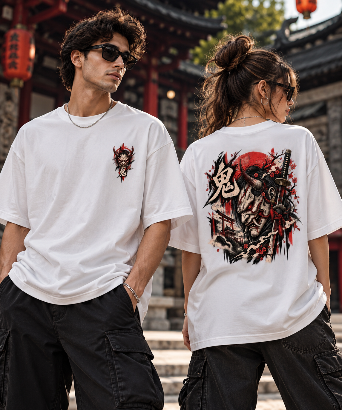 Japon Oni Maske Sırt Baskılı Oversize Unisex T-Shirt – Samurai Streetwear Grafik Tişört