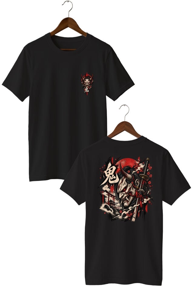Japon Oni Maske Sırt Baskılı Oversize Unisex T-Shirt – Samurai Streetwear Grafik Tişört